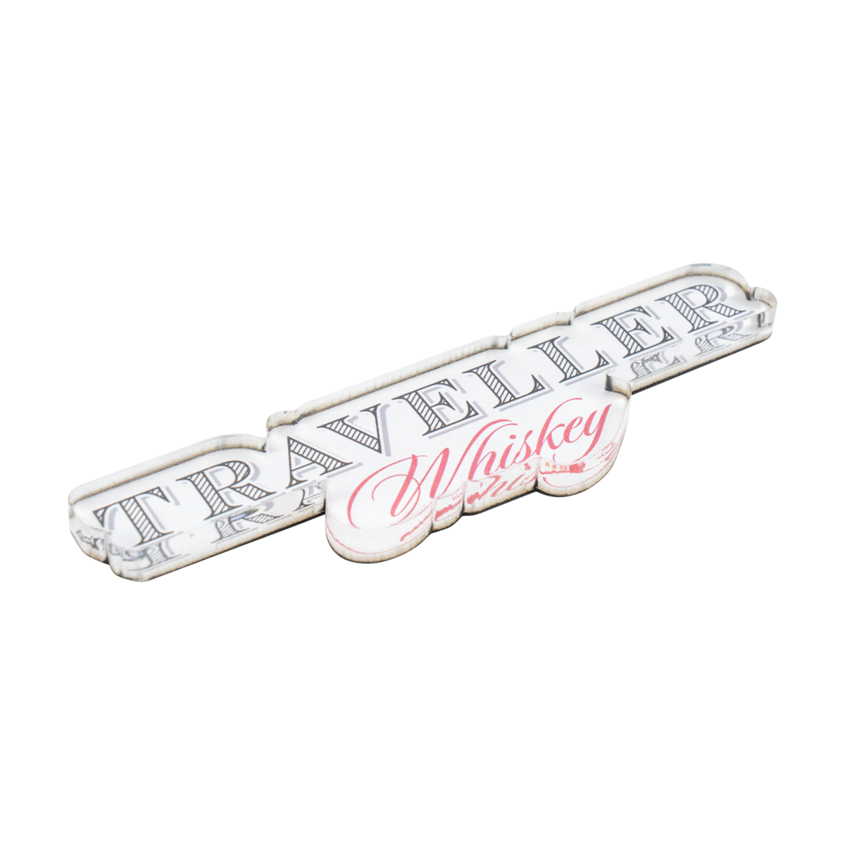 Traveller Whiskey Text Magnet back view showing magnet construction and Traveller text design