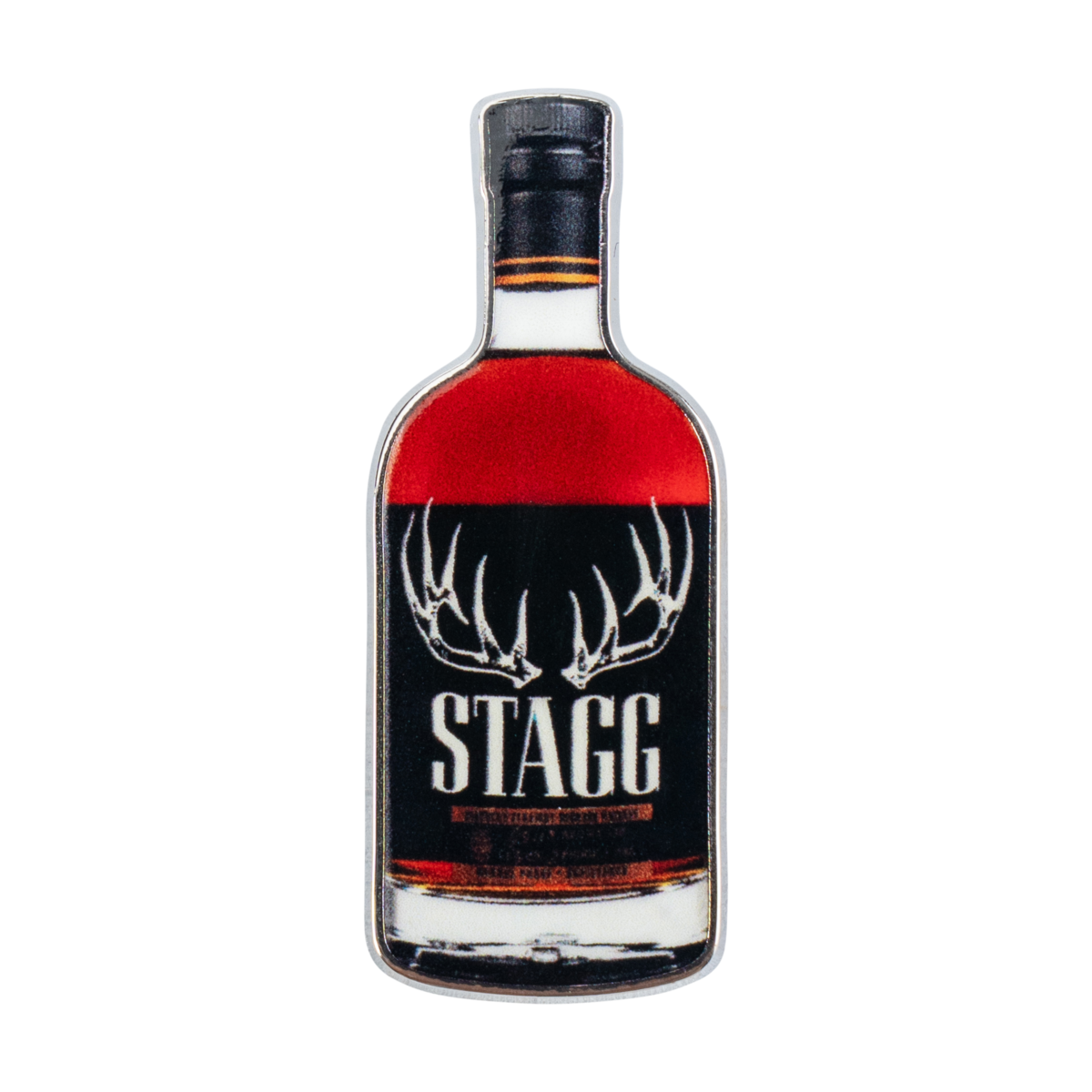 Stagg Bottle Lapel Pin close-up of enamel bottle shape and Stagg label design