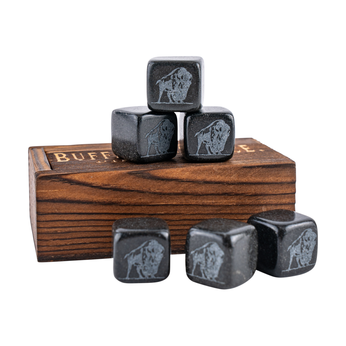 Buffalo Trace Whiskey Stone Box Set – premium granite whiskey stones in gift box with Buffalo Trace branding