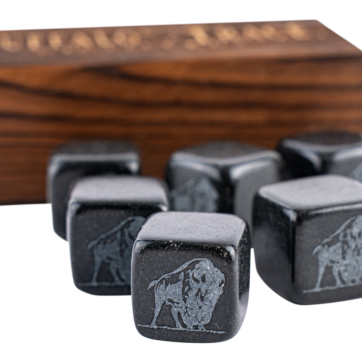 Buffalo Trace Whiskey Stone Box Set complete contents including stones, glass, and velvet pouch