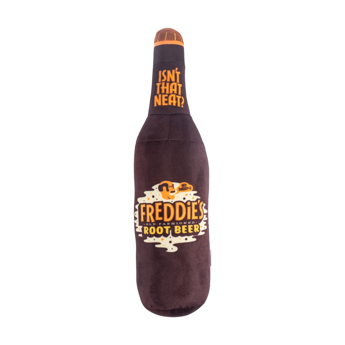 Buffalo Trace Plush Root Beer Bottle Dog Toy – soft squeaky root beer bottle dog toy with Buffalo Trace label