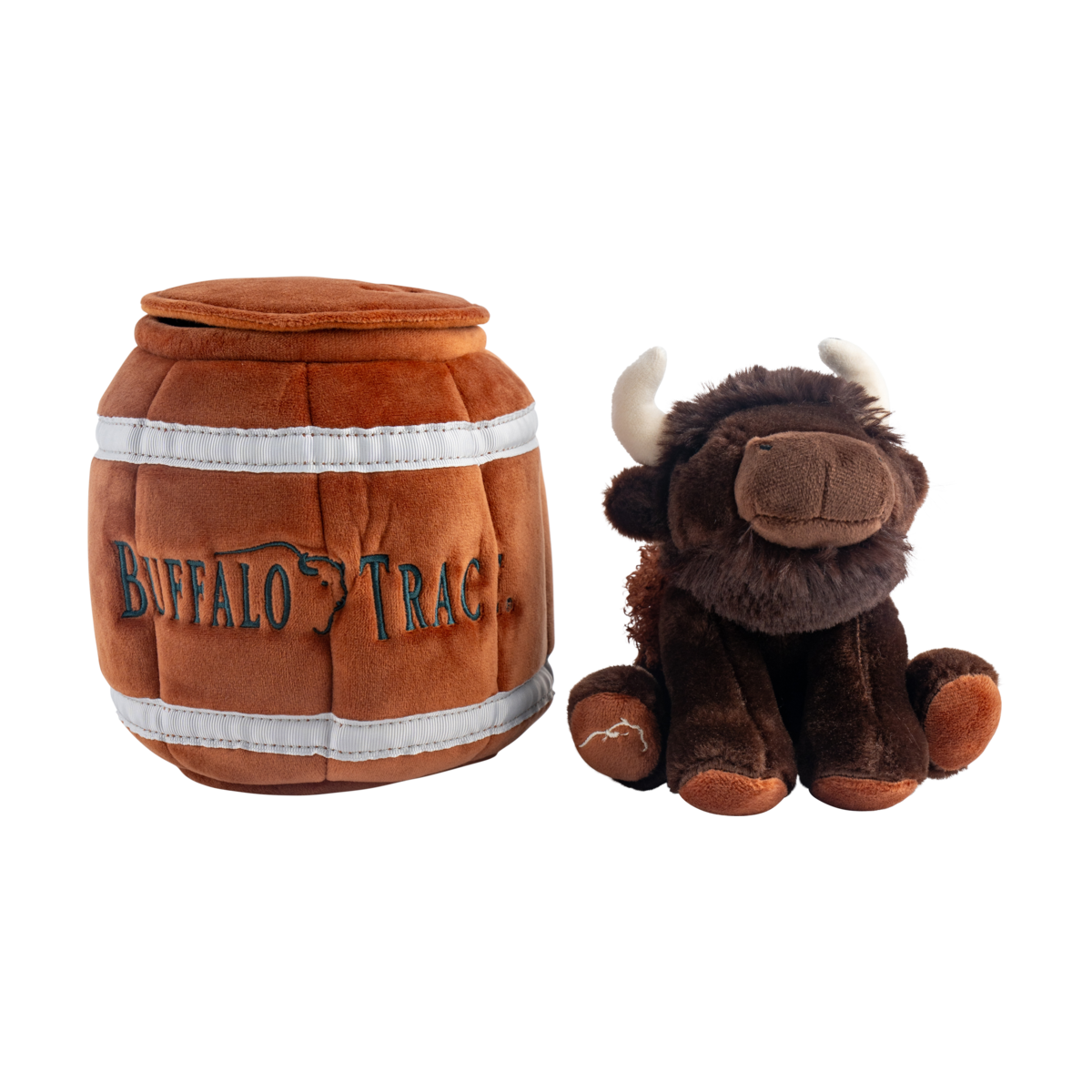 Buffalo Trace Barrel Dog Toy close-up of embroidered logo on brown plush fabric