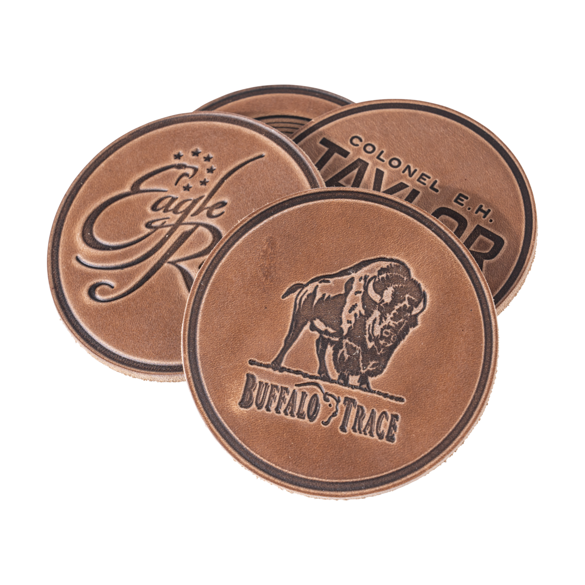 Buffalo Trace Leather Coaster side view showing embossed logo and premium leather edges