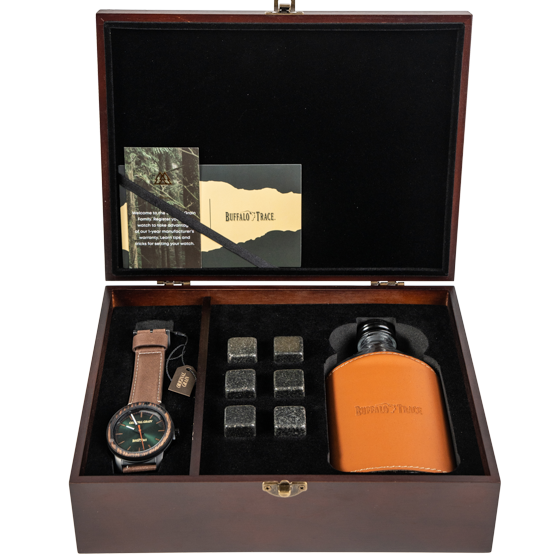 Buffalo Trace Leather Barrel Watch 42mm with Flask and Rocks – premium watch set made from bourbon barrel wood