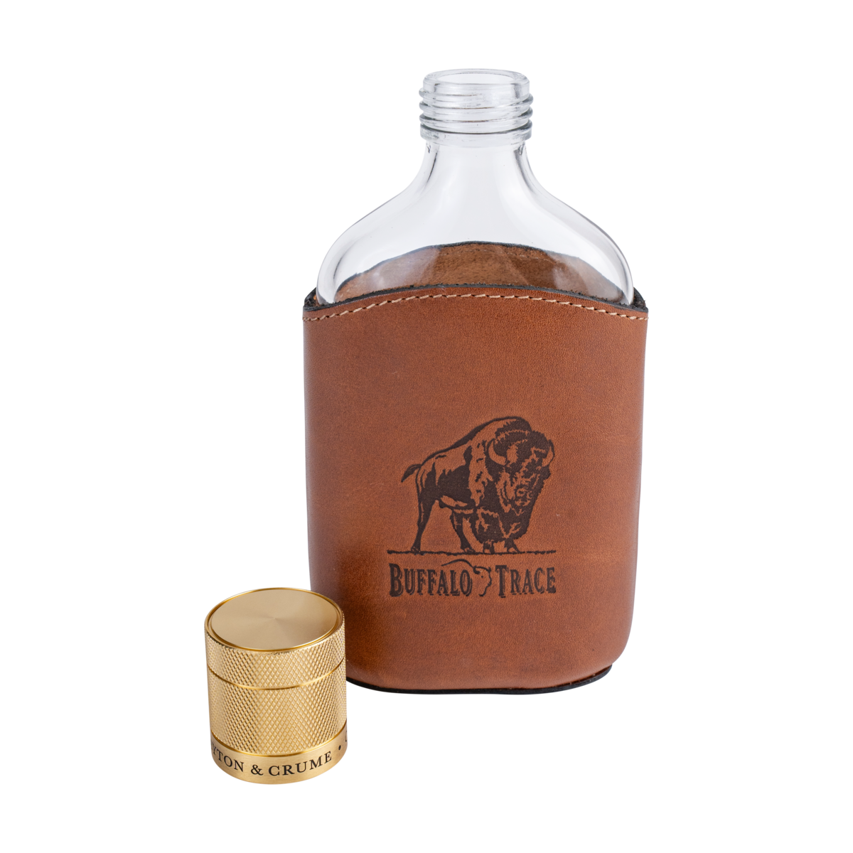 Buffalo Trace Leather Flask side view showing embossed Buffalo Trace logo on leather surface