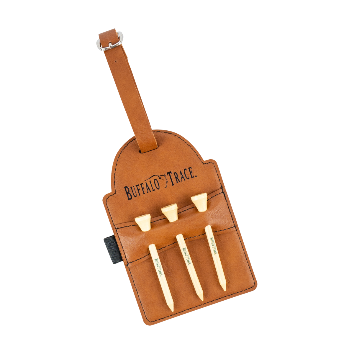 Golf Bag Tag with Golf Tees – Buffalo Trace branded leather bag tag with assorted golf tees