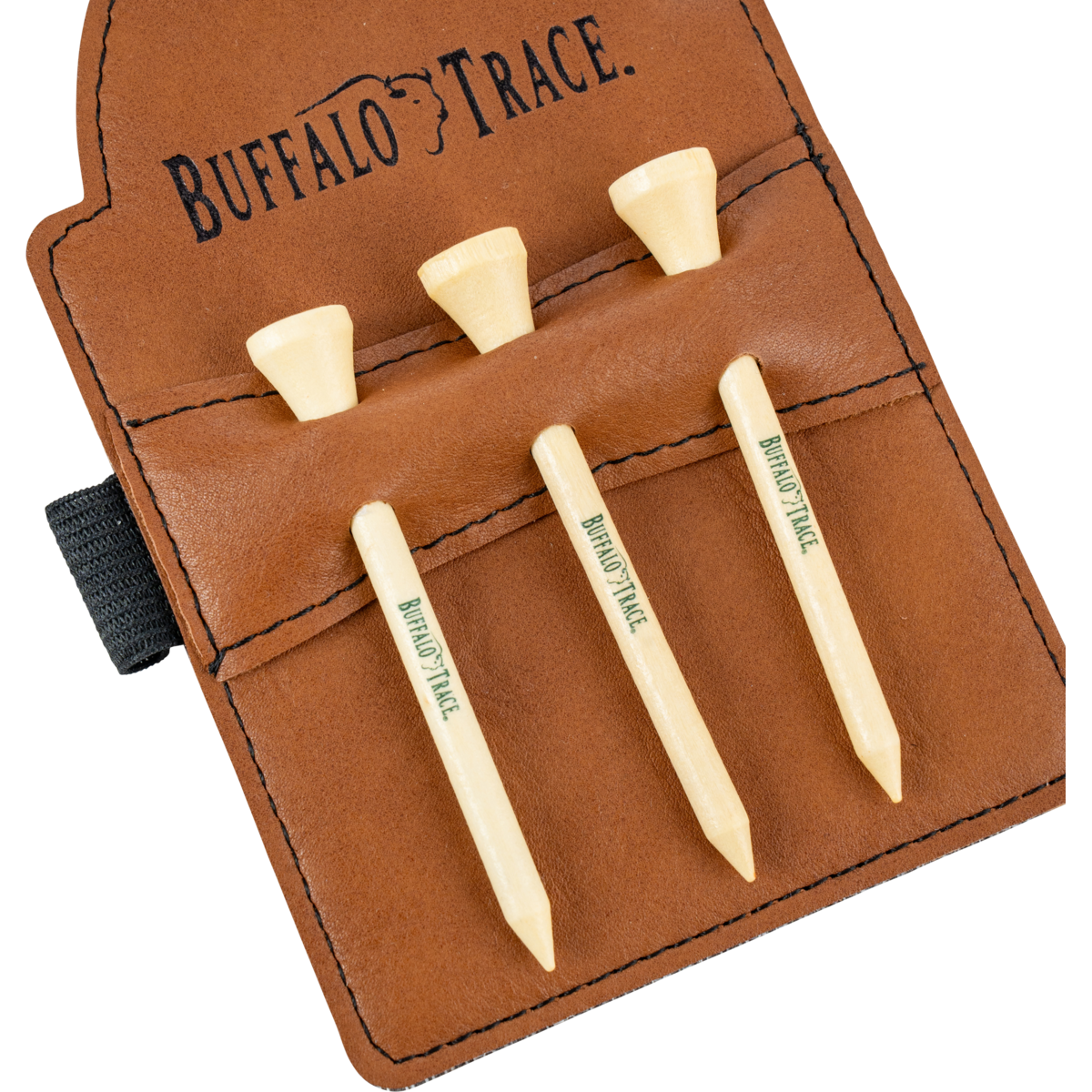 Golf Bag Tag with Golf Tees side view showing leather strap and Buffalo Trace logo detail
