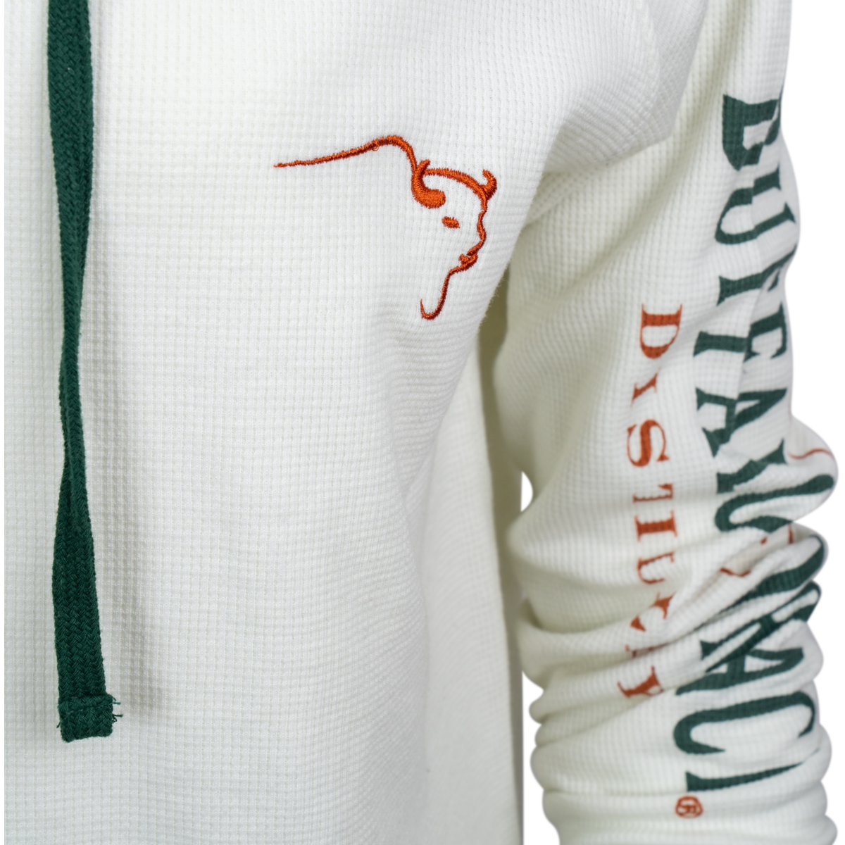 Buffalo Trace Women's Cream Waffle Hoodie close-up of waffle knit texture and embroidered logo