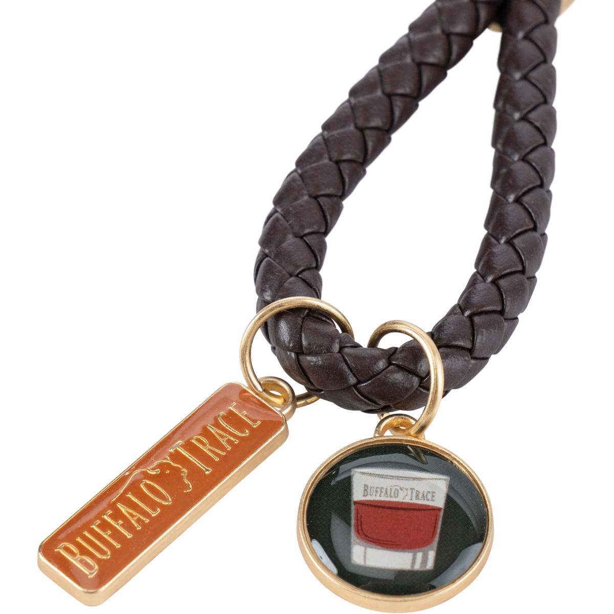 Buffalo Trace Logo Braided Keychain side view showing braided leather and metal logo tag