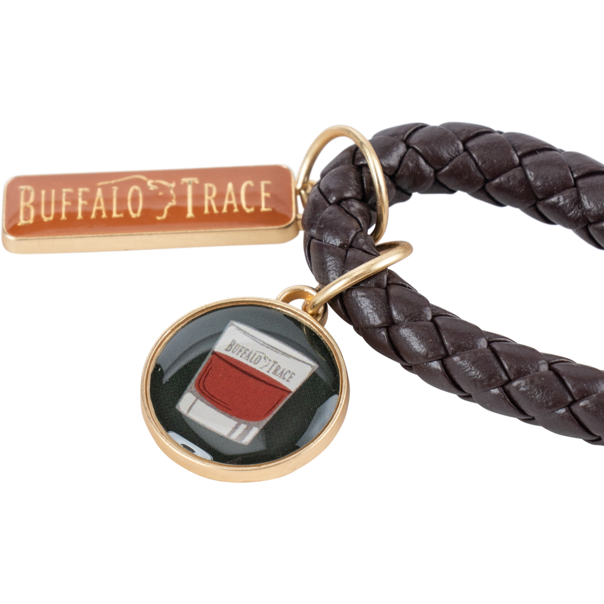 Buffalo Trace Logo Braided Keychain close-up of braided leather detail and engraved logo