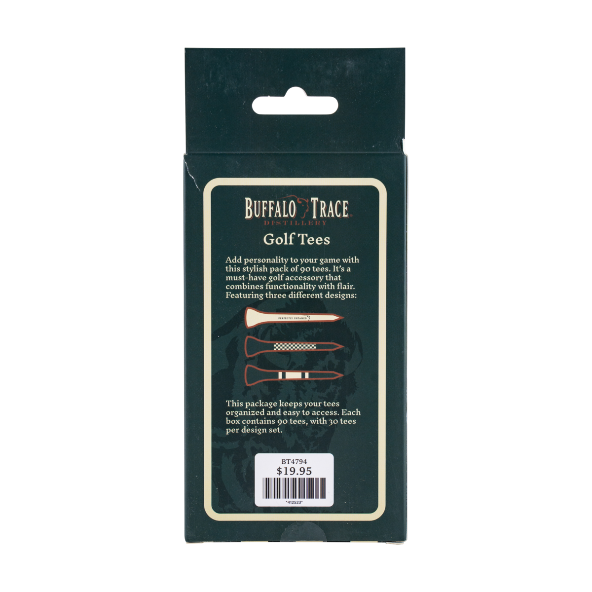 Buffalo Trace Assorted Golf Tees box open showing variety of colored tees with logo branding