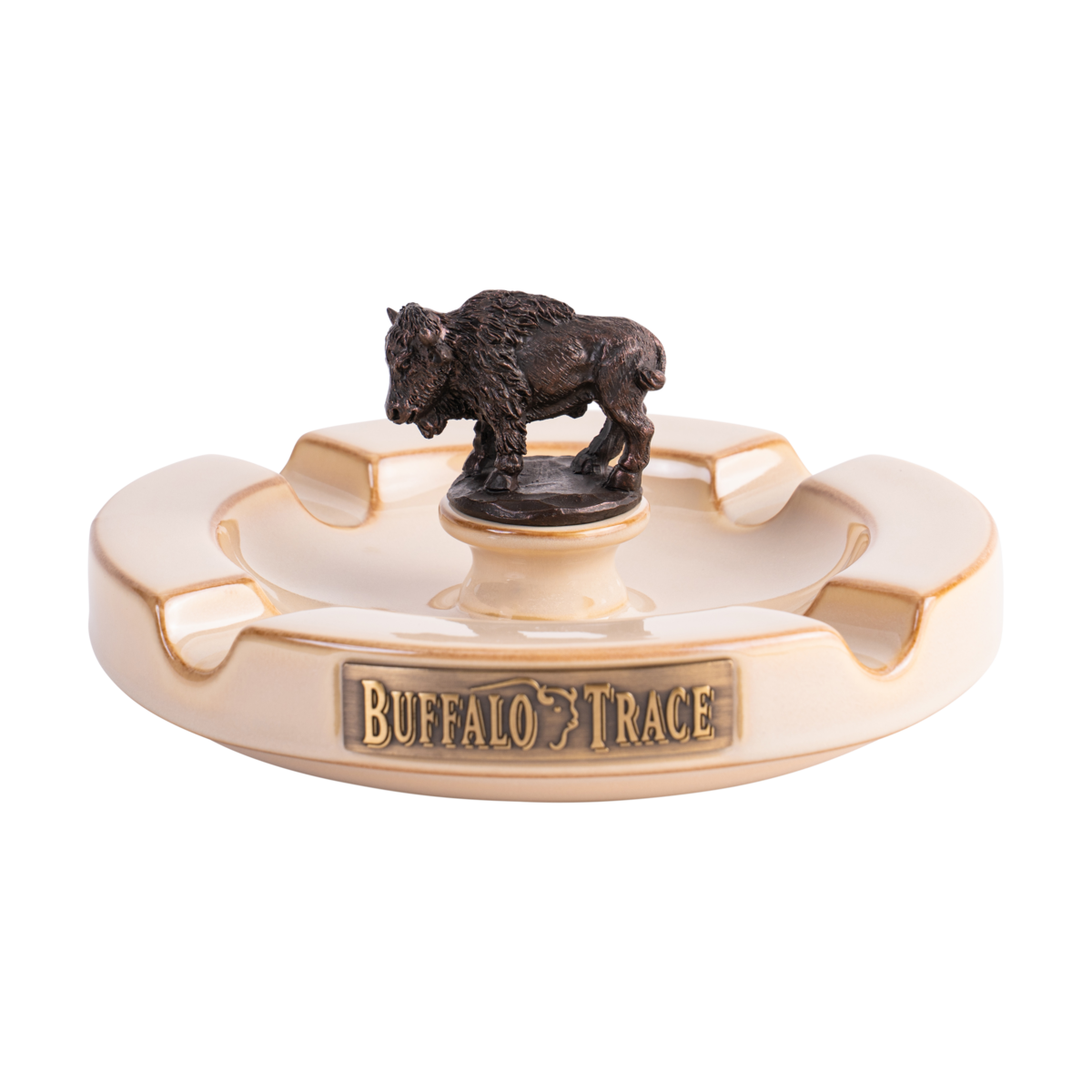 Buffalo Trace Ash Tray top view showing four cigar rests and branded center logo