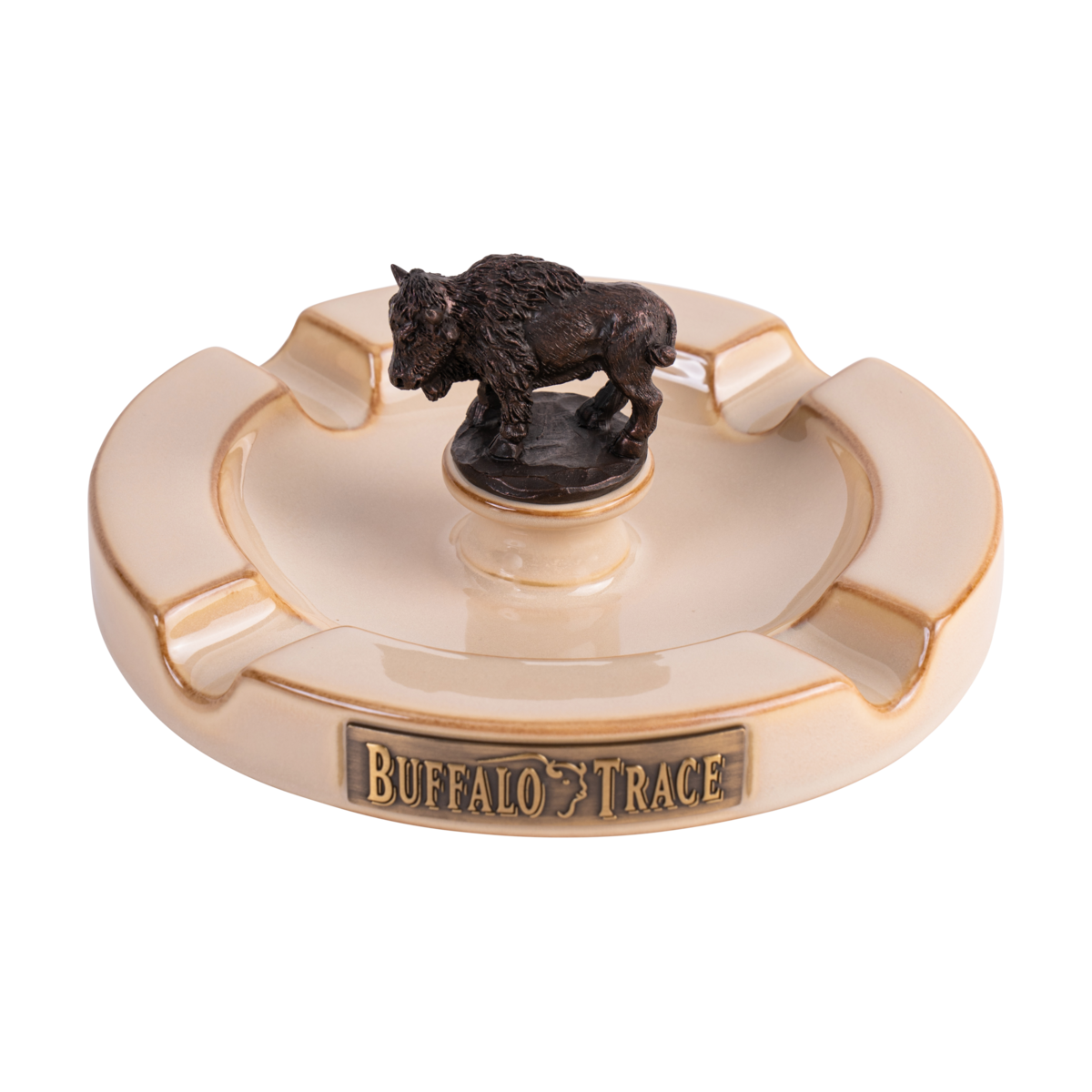 Buffalo Trace Ash Tray angled view showing deep cigar rests and logo detail on ceramic