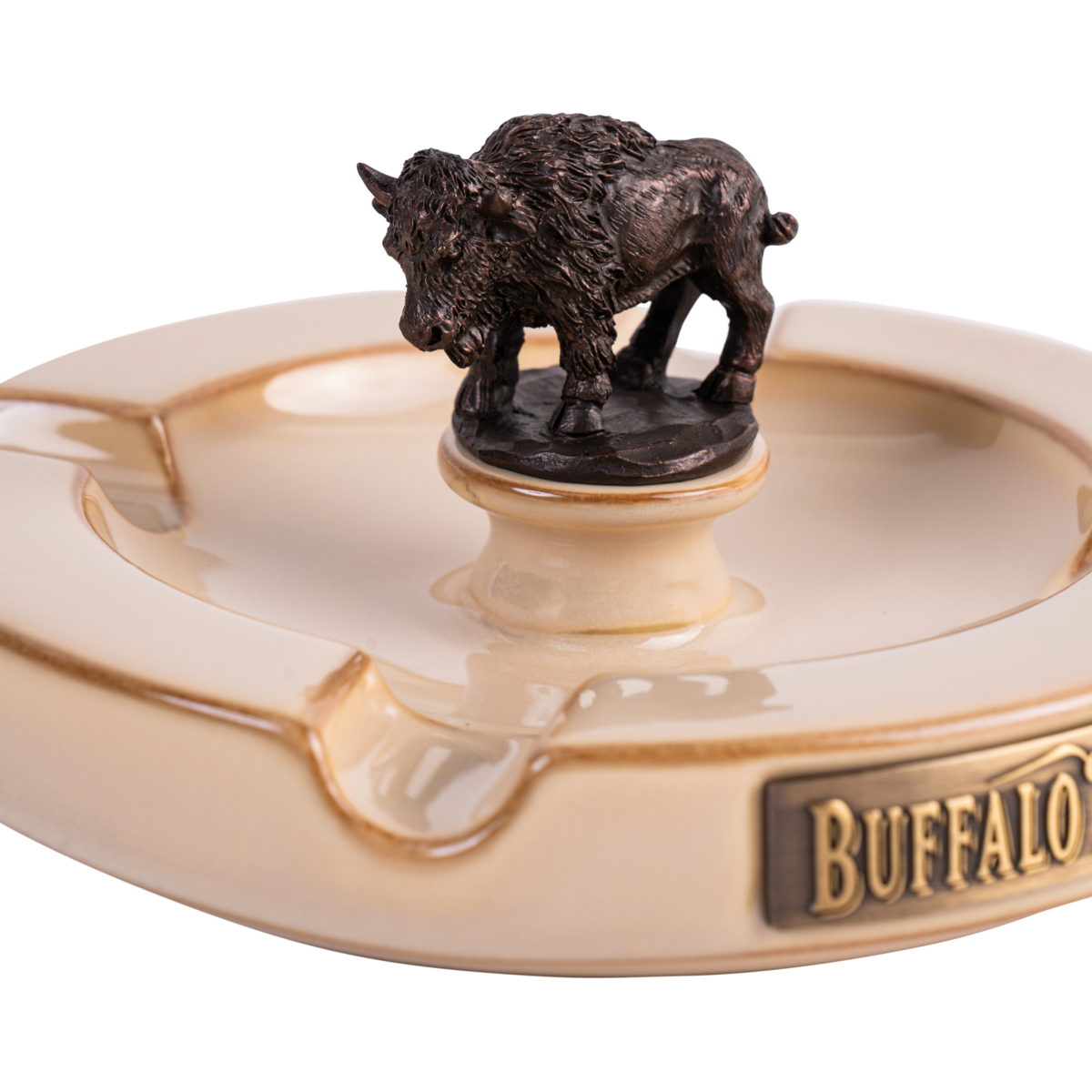 Buffalo Trace Ash Tray lifestyle photo on wooden table with cigar and bourbon glass