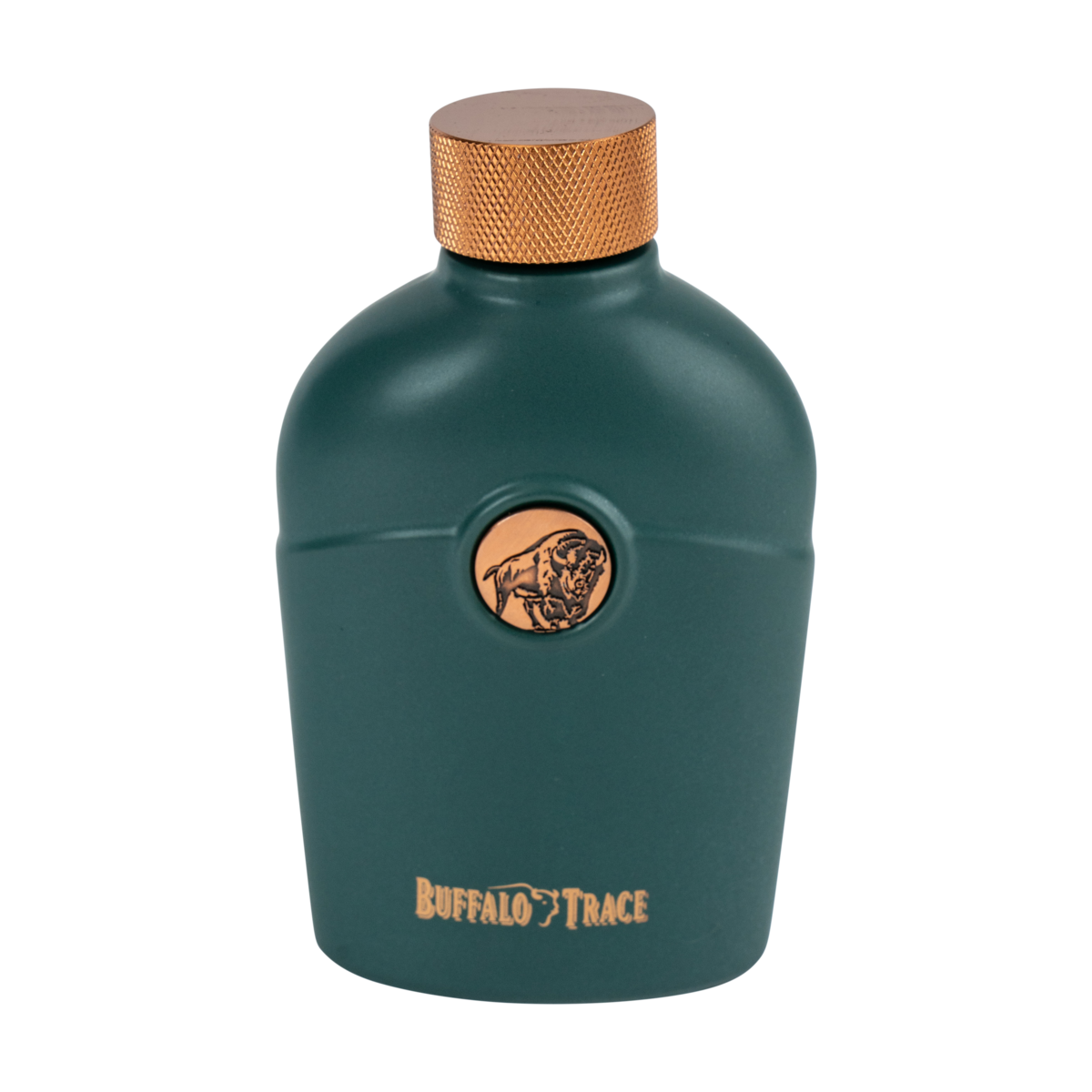 Buffalo Trace Green Flask close-up of engraved Buffalo Trace logo on green stainless body