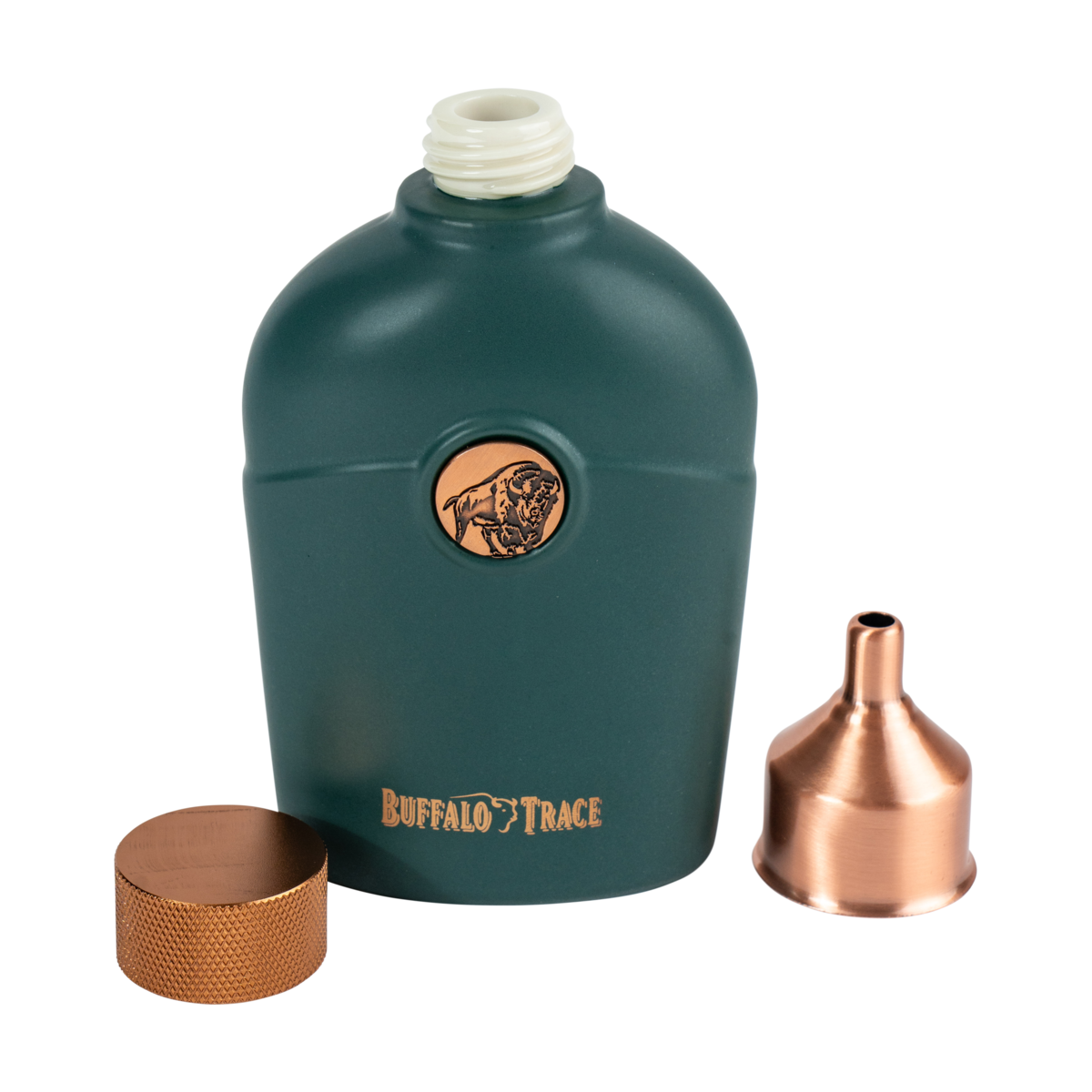 Buffalo Trace Green Flask open cap view showing stainless steel interior and screw top