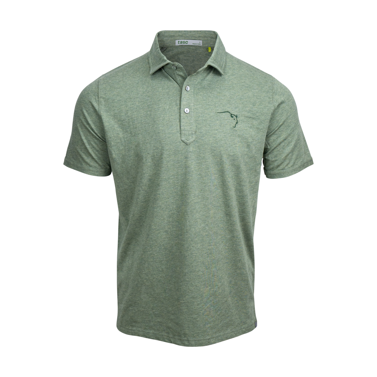 Buffalo Trace Green Heather Everywhere Swoosh Polo by TASC – heather green performance polo with allover swoosh pattern