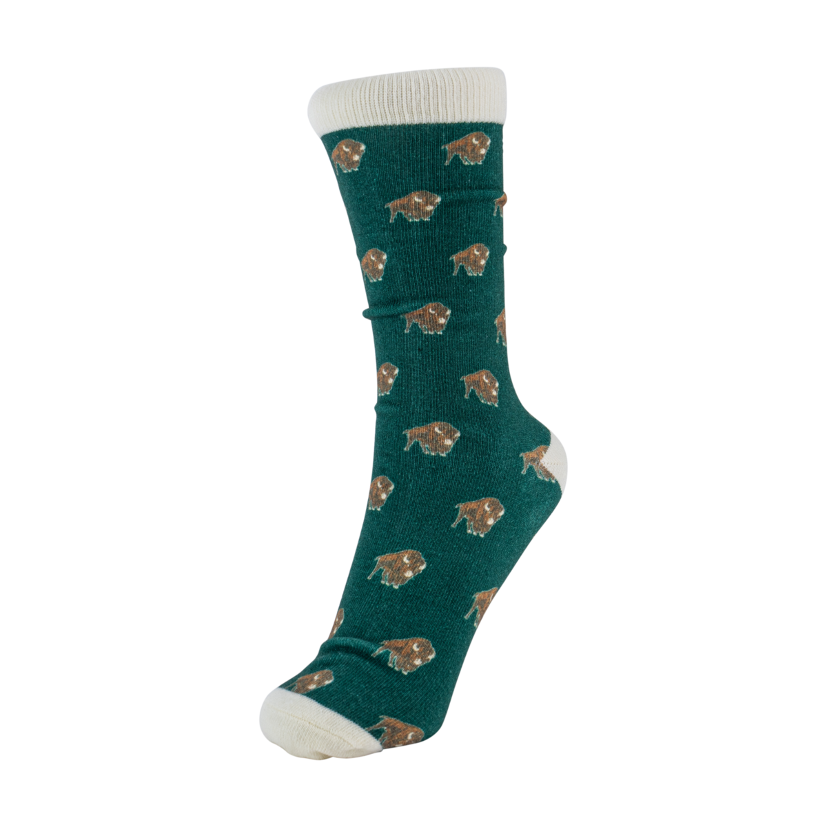 Buffalo Trace Green Allover Buffalo Socks side view showing allover buffalo pattern and sock length