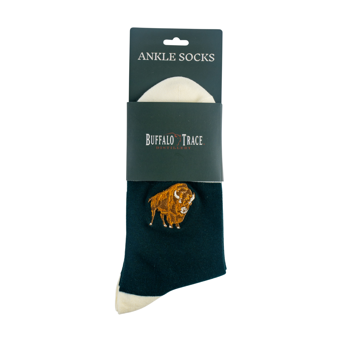Buffalo Trace Green Striped Buffalo Socks – green crew socks with buffalo stripe pattern and Buffalo Trace logo
