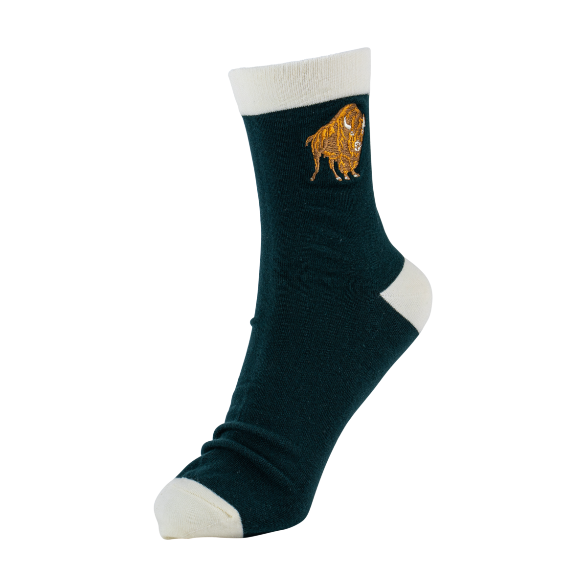 Buffalo Trace Green Striped Buffalo Socks side view showing stripe pattern and sock length