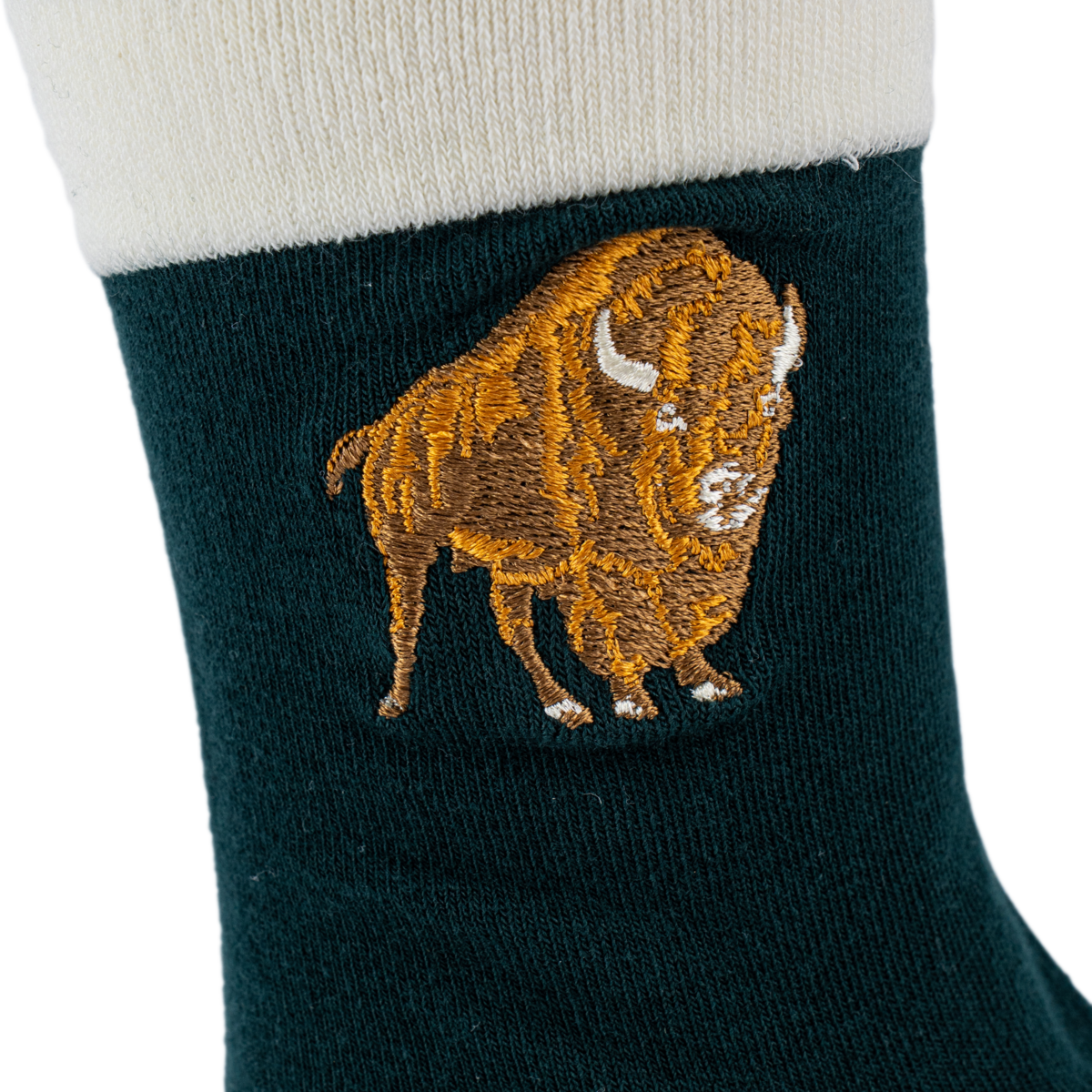 Buffalo Trace Green Striped Buffalo Socks close-up of buffalo stripe design and woven logo detail