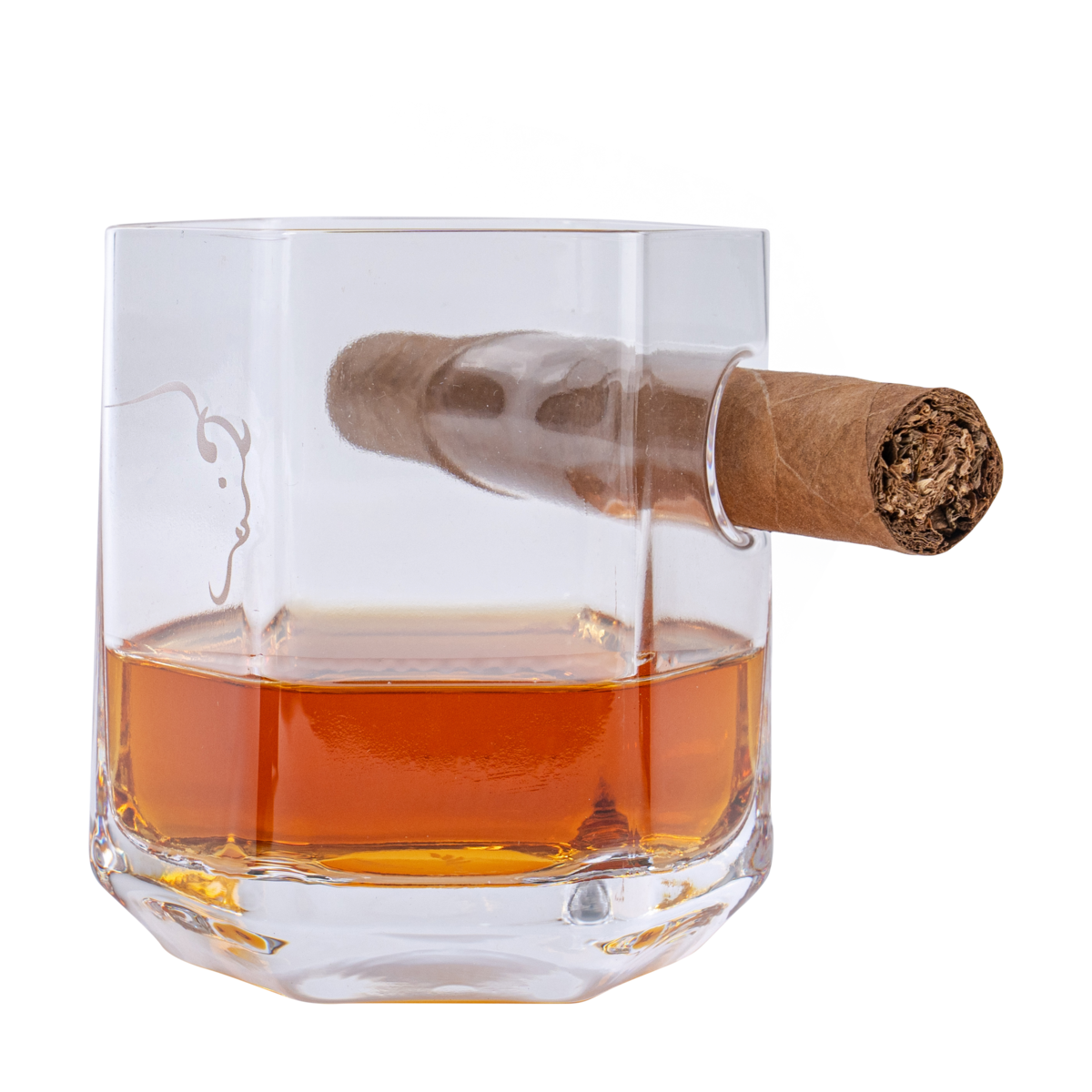 Glass with whiskey and a cigar on a white background