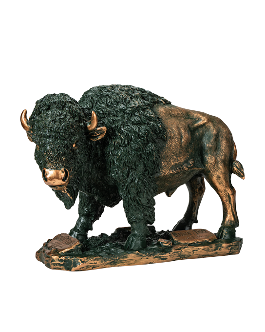 Bronze statue of a Buffalo Trace buffalo on a white background