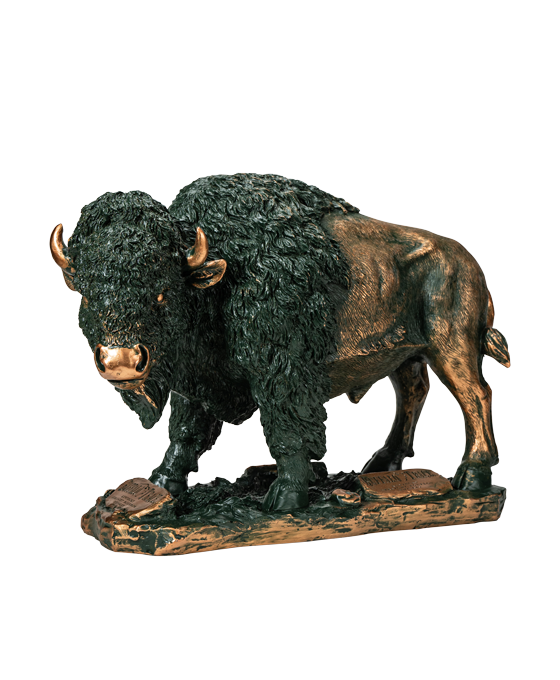 Bronze statue of a Buffalo Trace buffalo on a white background