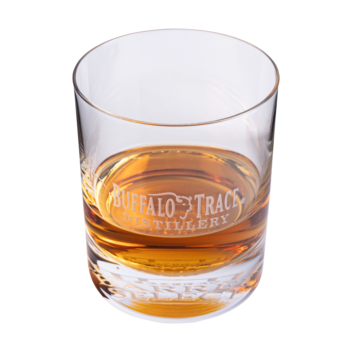 SBS x Buffalo Trace Crystal Reserve Rocks Glass filled with bourbon on ice