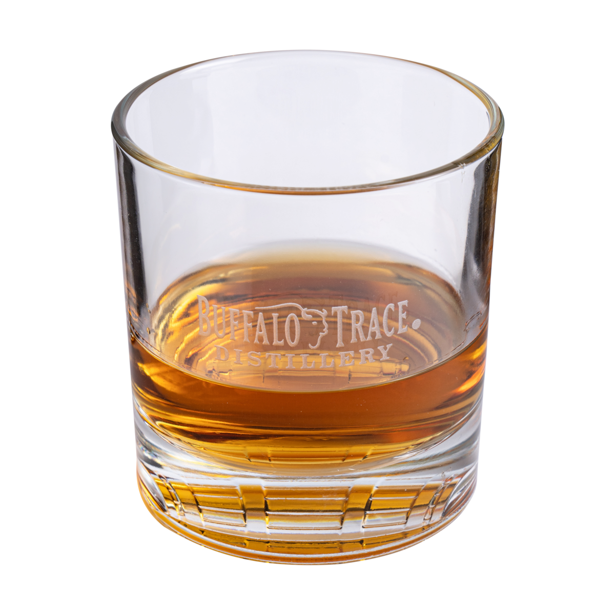Buffalo Trace Bourbon Barrel Rocks Glass side view showing barrel shape and logo engraving