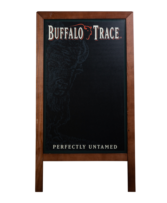 A-Frame Chalkboard with Buffalo Trace wording and logo images on a wood frame and black board.