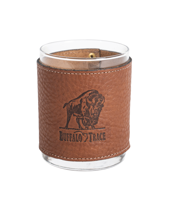 Buffalo Trace Leather Rocks Glass. Wrapped in handcrafted, stitched leather and engraved with our signature Buffalo Trace bourbon logo.