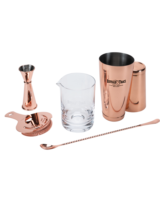 Buffalo Trace Essential Bar tools set: jigger, Hawthorne strainer, mixing glass, bar spoon, Boston shaker