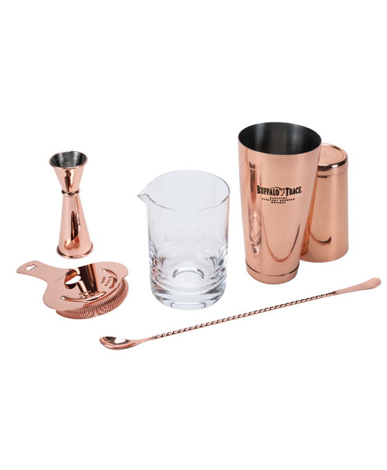 Buffalo Trace Essential Bar tools set: jigger, Hawthorne strainer, mixing glass, bar spoon, Boston shaker