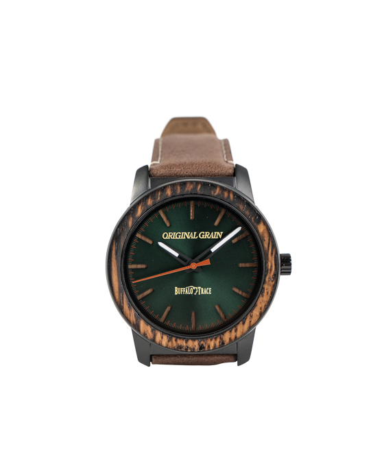 Buffalo Trace Original Grain Leather 42mm Watch (with Flask + Whiskey Rocks)