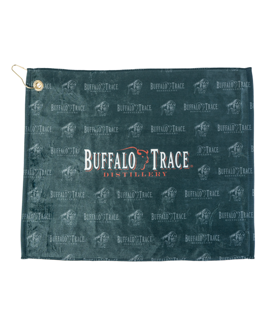Green Towel Printed with our signature Buffalo Trace Distillery logo in the center with a Buffalo Trace repeated logo background