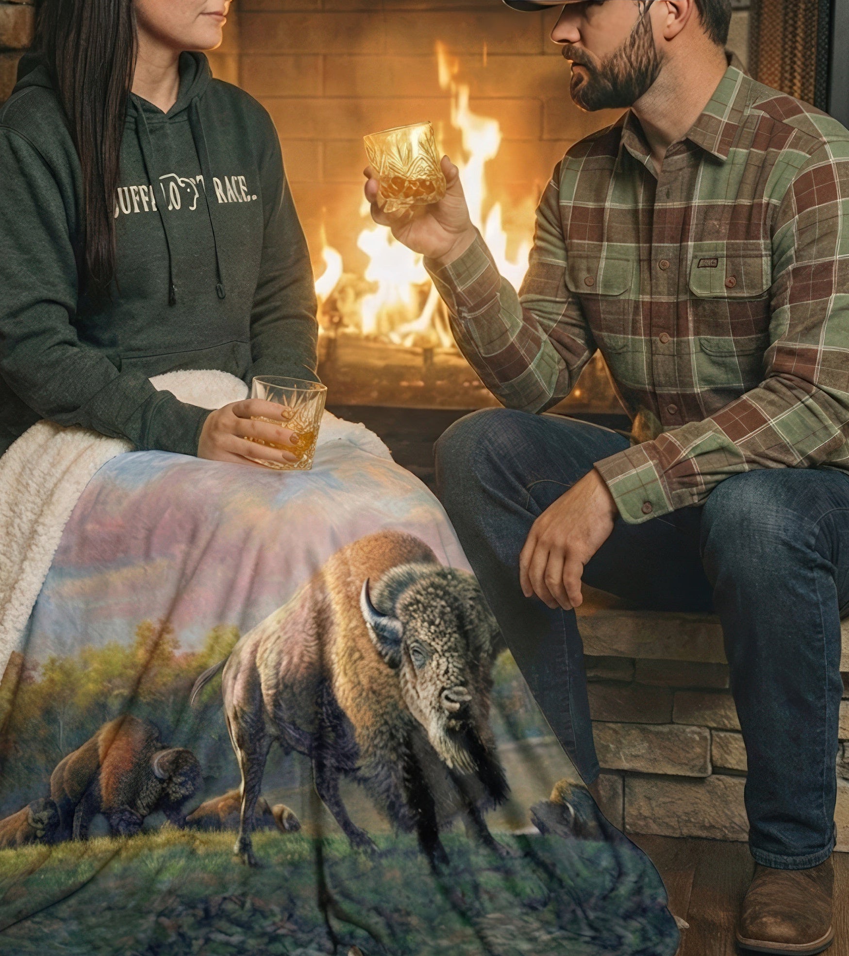 Two people sitting by a fireplace with a blanket featuring a bison design.