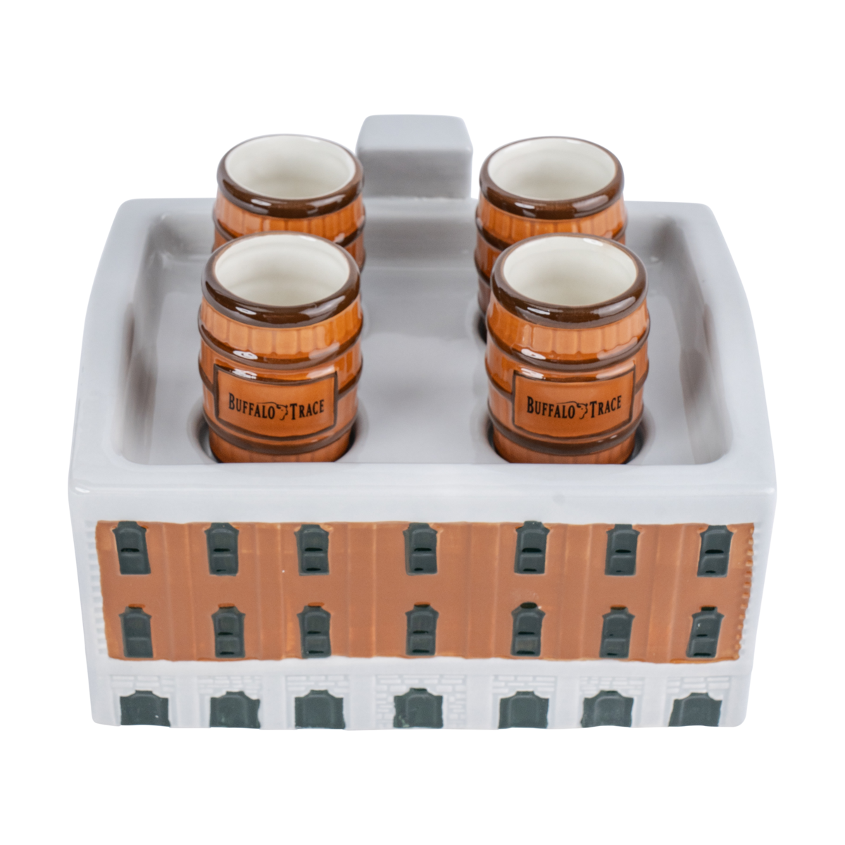 Warehouse C Ceramic Shot Glass Set group display – complete set of 4 collector glasses