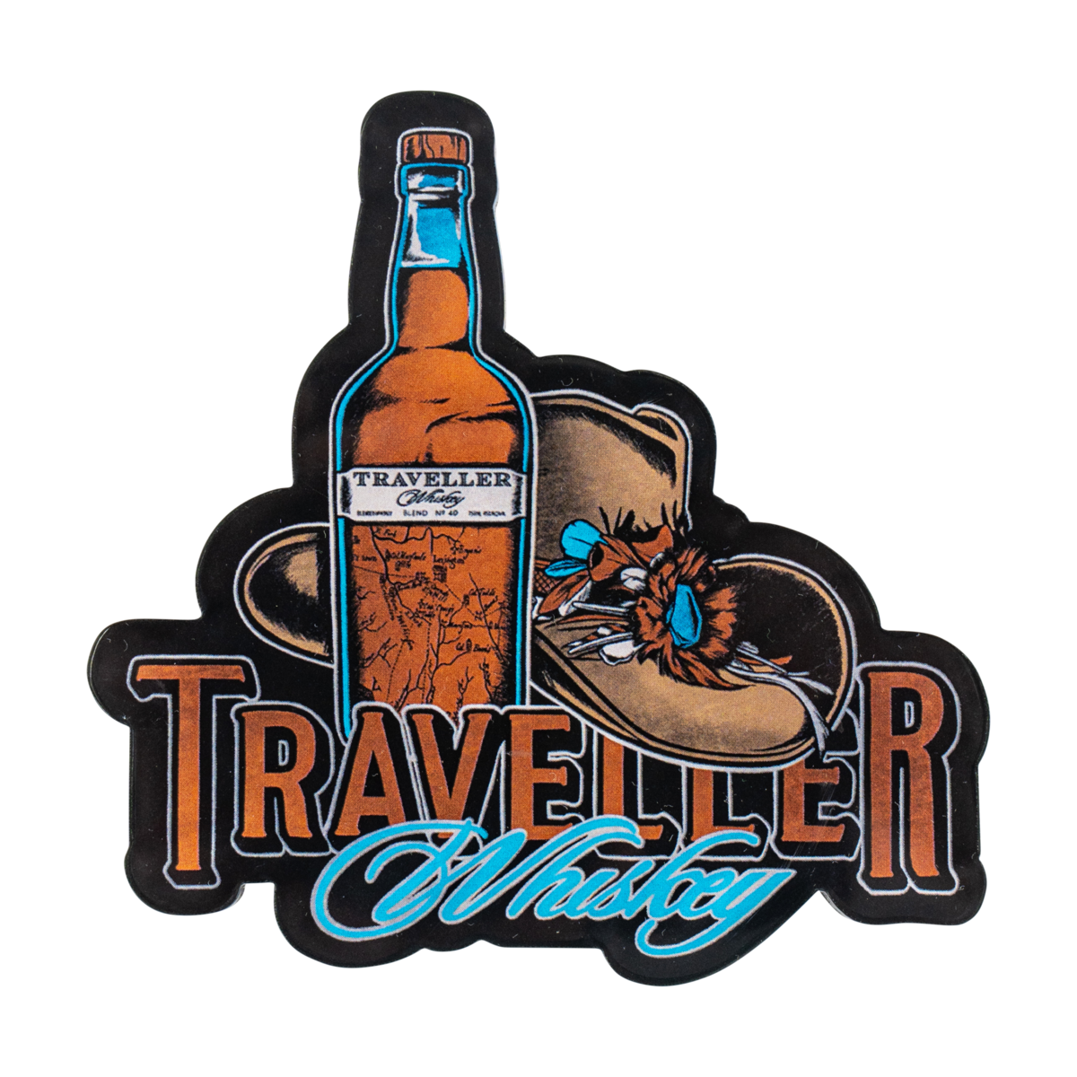 Traveller Whiskey Hat Bottle Magnet – collectible fridge magnet with Traveller Whiskey hat and bottle design