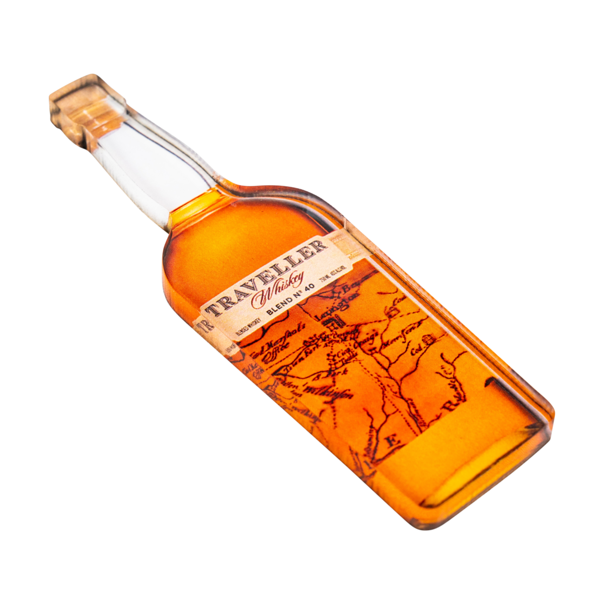 Traveller Whiskey Bottle Magnet back view showing magnet construction and Traveller Whiskey logo