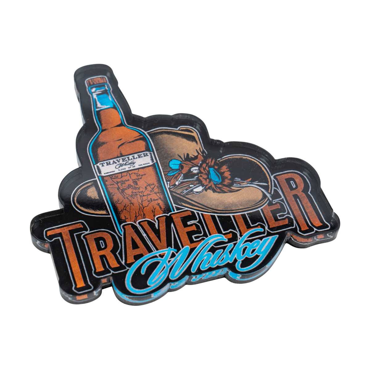 Traveller Whiskey Hat Bottle Magnet back view showing magnet detail and Traveller branding
