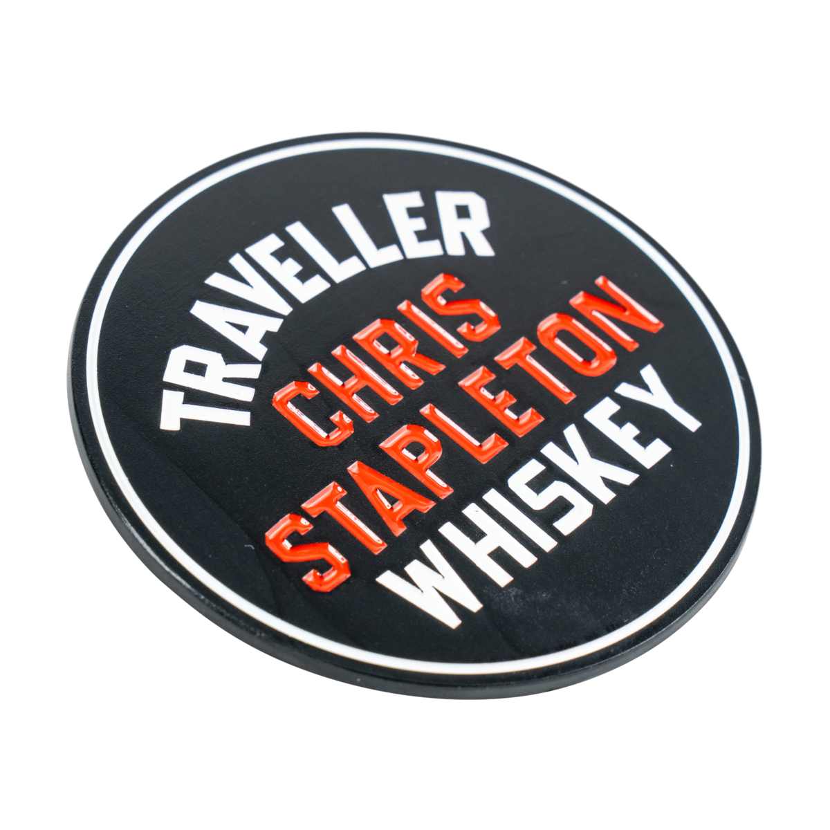 Traveller Whiskey Circle Lapel Pin close-up of circular enamel design and Traveller branding