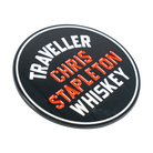 Traveller Whiskey Circle Lapel Pin close-up of circular enamel design and Traveller branding