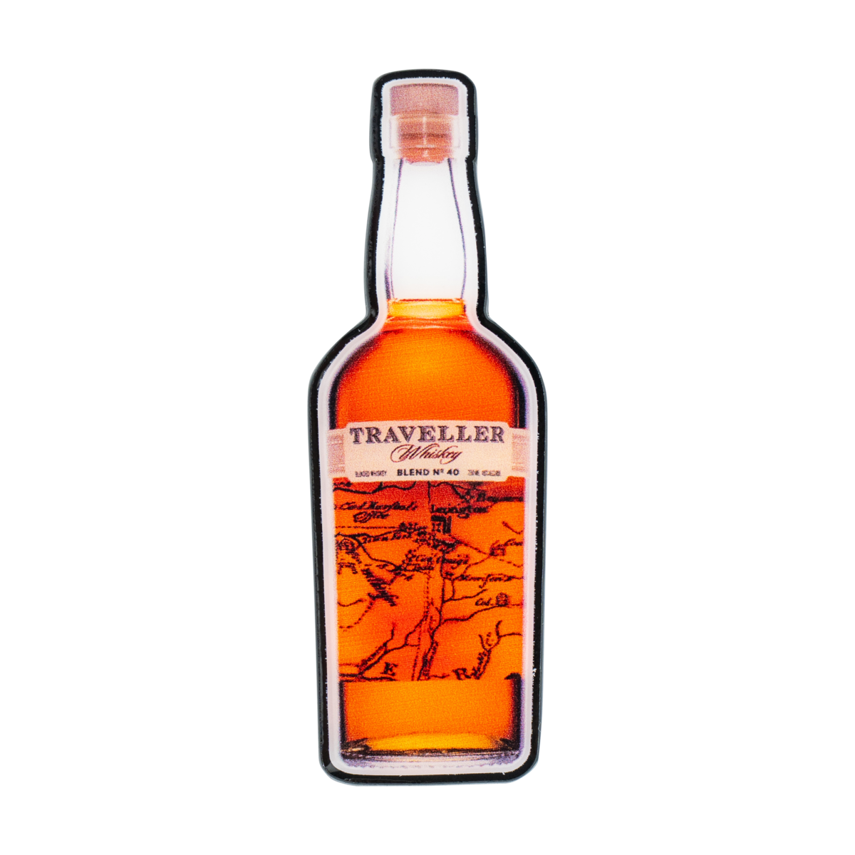 Traveller Whiskey Bottle Lapel Pin – collectible enamel pin shaped like a Traveller Whiskey bottle