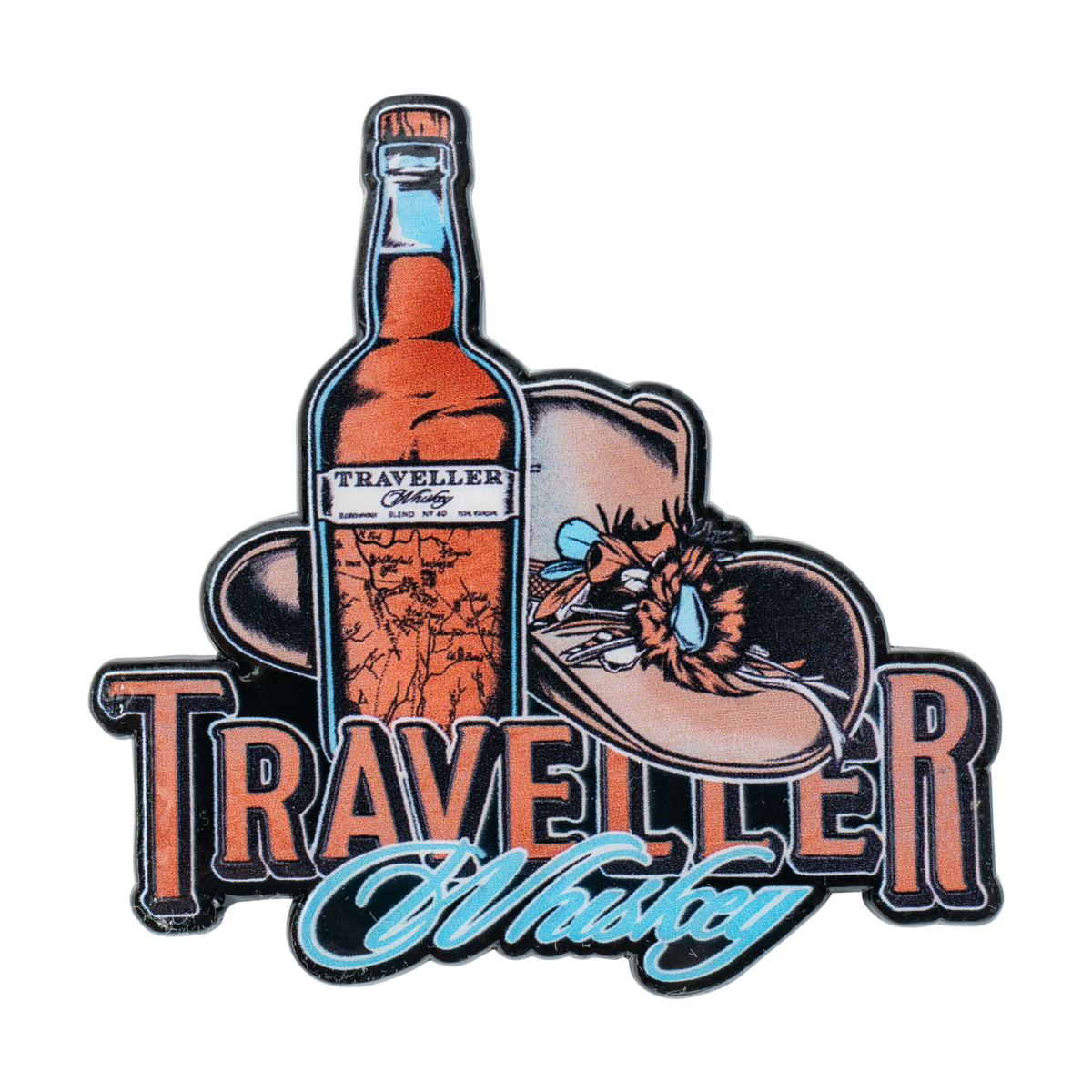 Traveller Whiskey Hat Bottle Lapel Pin – collectible enamel pin featuring Traveller Whiskey hat and bottle design