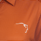 Cutter & Buck Orange Striped Polo close-up of embroidered Buffalo Trace logo on chest