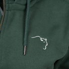 Buffalo Trace Green Half-Zip Hoodie close-up of embroidered chest logo and half-zip detail
