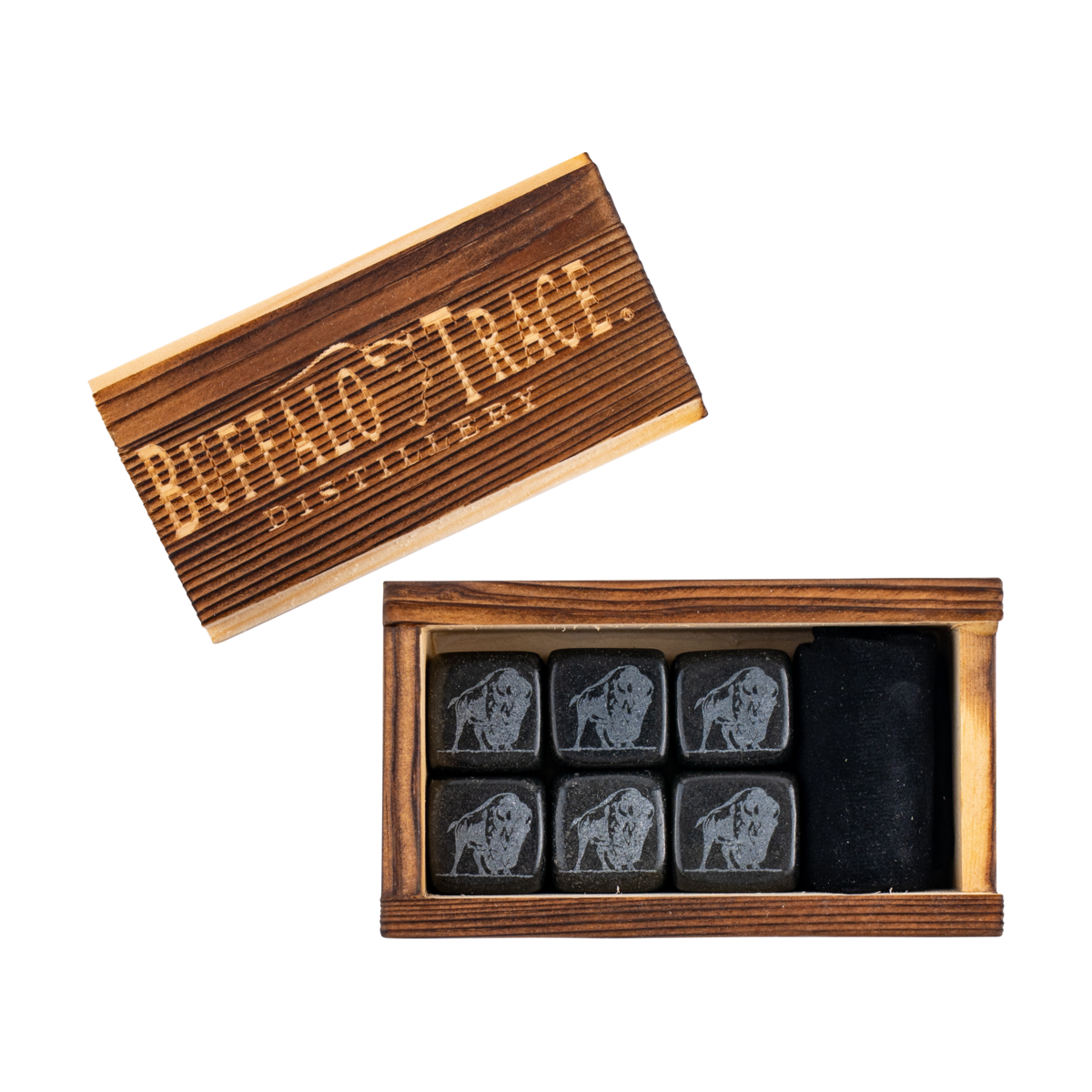Buffalo Trace Whiskey Stone Box Set open box showing granite stones and Buffalo Trace rocks glass