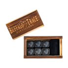 Buffalo Trace Whiskey Stone Box Set open box showing granite stones and Buffalo Trace rocks glass