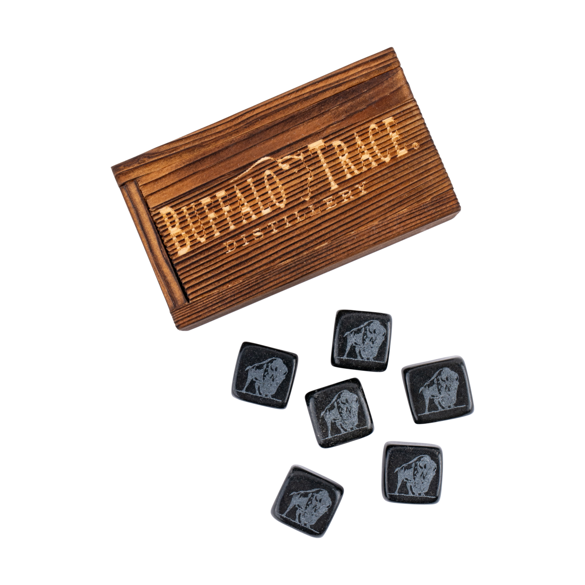Buffalo Trace Whiskey Stone Box Set detail of premium wooden gift box with distillery branding